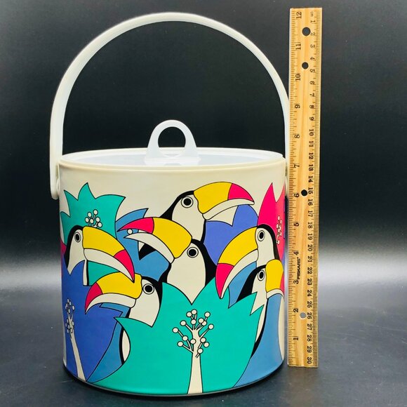 Vintage 80s Toucan Birds and Tropical Florals Ice Bucket with Lid and Handle - Picture 11 of 13